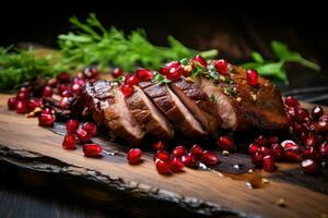 Grilled duck breast with pomegranate seeds on wooden board, Roasted duck fillet with pomegranate seeds and herbs, AI Generated photo