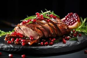 roasted duck breast with pomegranate and rosemary on black background, Roasted duck fillet with pomegranate seeds and herbs, AI Generated photo