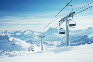 cable coche en el francés Alpes, esquí recurso de mont blanco, esquí recurso en invierno, ai generado foto