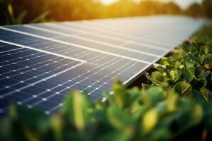 Solar panel, photovoltaic, alternative electricity source selective focus point, Solar power plant panel close-up view background, AI Generated photo