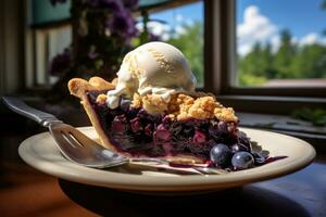 Blueberry pie with ice cream and fresh berries on a plate, Slice of blueberry pie topped with a scoop of ice cream on a sunny day near a window, AI Generated photo