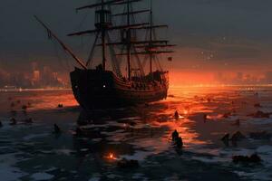 sailing ship on the ice in the city at sunset, 3d render, small ship, sea, horror, dark, digital art, disco elysium , AI Generated photo