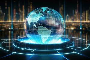 Globe with glowing dots and lines on dark background. 3D rendering, Data transfer through global network infrastructure, Digital communication system on a globe hologram, AI Generated photo