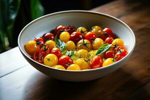 Bowl of yellow and red cherry tomatoes with basil on wooden table, Dish of small red and yellow tomatoes, AI Generated photo