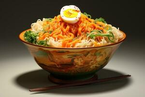 Bowl of udon noodles with egg and vegetables on gray background, Delicious bowl of ramen noodles, AI Generated photo