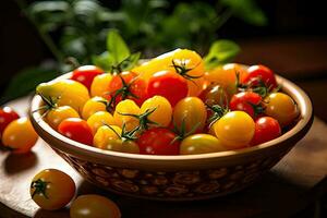 amarillo y rojo Cereza Tomates en un cuenco en un de madera mesa, plato de pequeño rojo y amarillo Tomates, ai generado foto
