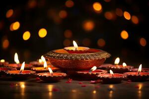 indio festival Día de la Independencia, diya petróleo lamparas iluminado en vistoso rangoli. hindú tradicional. espacio para texto, diwali festival de luces tradicion diya petróleo lamparas en contra oscuro fondo, ai generado foto