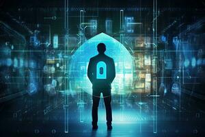 Silhouette of businessman with padlock on digital background. Security concept, Data Privacy Protection Business Technology Privacy concept on virtual screen, AI Generated photo