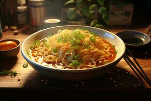 tallarines en un cuenco en un de madera mesa con palillos, delicioso cuenco de ramen fideos, ai generado foto