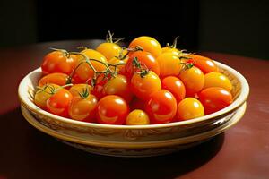 Yellow and red cherry tomatoes in a bowl on a dark background, Dish of small red and yellow tomatoes, AI Generated photo