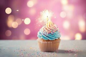 Birthday cupcake with sparkler on bokeh background, Delicious birthday cupcake on table on light background, AI Generated photo