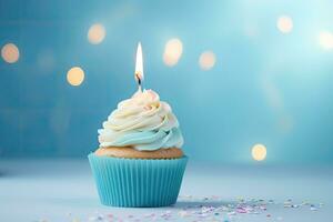 Birthday cupcake with candle on blue background with bokeh, Delicious birthday cupcake on table on light background, AI Generated photo