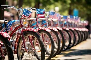 bicicletas con americano banderas en un fila en un soleado día, decorado bicicletas forrado arriba para un cuarto de julio desfile, independencia día, ai generado foto