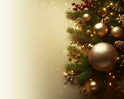 dorado Navidad antecedentes con abeto árbol, dorado pelotas, regalo cajas y decoraciones ai generativo foto