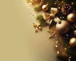 Golden christmas background with fir tree, golden balls, gift boxes and decorations. AI Generative photo