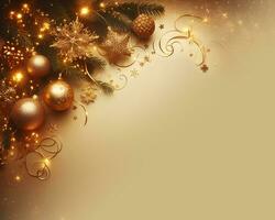 Golden christmas background with fir tree, golden balls, gift boxes and decorations. AI Generative photo