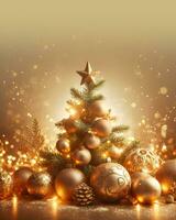 Golden christmas background with fir tree, golden balls, gift boxes and decorations. AI Generative photo