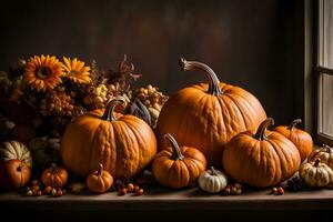 Pumpkins and fruits with autumn decorations on wooden table on dark background. AI Generative photo