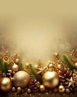 dorado Navidad antecedentes con abeto árbol, dorado pelotas, regalo cajas y decoraciones ai generativo foto