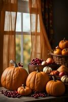 Pumpkins and fruits with autumn decorations on a wooden table near the window with open curtains. AI Generative photo