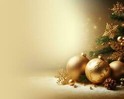 Golden christmas background with fir tree, golden balls, gift boxes and decorations. AI Generative photo