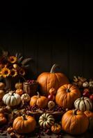 Pumpkins and fruits with autumn decorations on wooden table on dark background. AI Generative photo