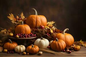 Pumpkins and fruits with autumn decorations on wooden table on dark background. AI Generative photo