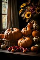 Pumpkins and fruits with autumn decorations on a wooden table near the window with open curtains. AI Generative photo