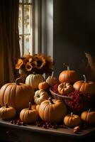 Pumpkins and fruits with autumn decorations on a wooden table near the window with open curtains. AI Generative photo