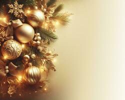 Golden christmas background with fir tree, golden balls, gift boxes and decorations. AI Generative photo