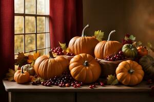 Pumpkins and fruits with autumn decorations on a wooden table near the window with open curtains. AI Generative photo