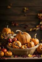 Pumpkins and fruits with autumn decorations on wooden table on dark background. AI Generative photo