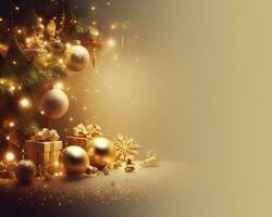 Golden christmas background with fir tree, golden balls, gift boxes and decorations. AI Generative photo