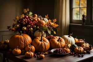 Pumpkins and fruits with autumn decorations on a wooden table near the window with open curtains. AI Generative photo