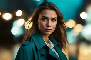 Image of woman in twilight teal trench coat standing outdoor. AI Generative photo