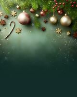 Christmas decorations on green background, christmas greetings mockup. AI Generative photo