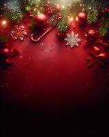 Christmas decorations on red background, christmas greetings mockup. AI Generative photo