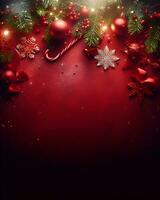 Christmas decorations on red background, christmas greetings mockup. AI Generative photo