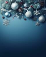 azul Navidad antecedentes con pelotas y abeto rama, decoraciones y copos de nieve, Navidad saludos Bosquejo. ai generativo foto