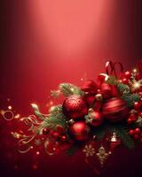 Navidad decoraciones en rojo fondo, Navidad saludos Bosquejo. ai generativo foto
