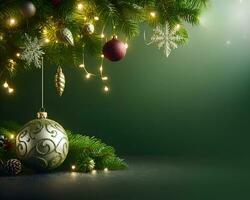 Christmas decorations on green background, christmas greetings mockup. AI Generative photo