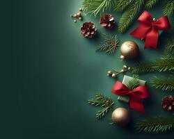 Christmas decorations on green background, christmas greetings mockup. AI Generative photo