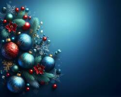 Blue christmas background with balls and fir branch, decorations and snowflakes, christmas greetings mockup. AI Generative photo