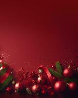 Christmas decorations on red background, christmas greetings mockup. AI Generative photo