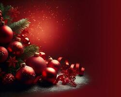 Christmas decorations on red background, christmas greetings mockup. AI Generative photo