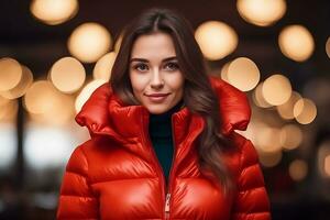 Image of woman in red puffer jacket standing outdoor. AI Generative photo
