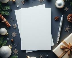 Blank white paper on grey background with christmas ornaments around it.  AI Generative photo