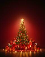 Navidad árbol con regalos y luces en rojo fondo, Navidad saludos Bosquejo. ai generativo foto