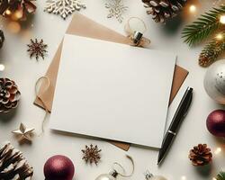 Blank white paper on white background with christmas ornaments around it.  AI Generative photo