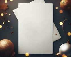 Blank white paper on grey background with christmas ornaments around it.  AI Generative photo